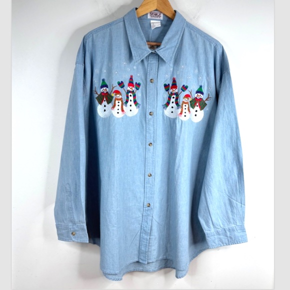 VTG NWT Embroidered Christmas Denim Button Down 3X Snowman Holiday 90s Snowflake - Picture 1 of 8